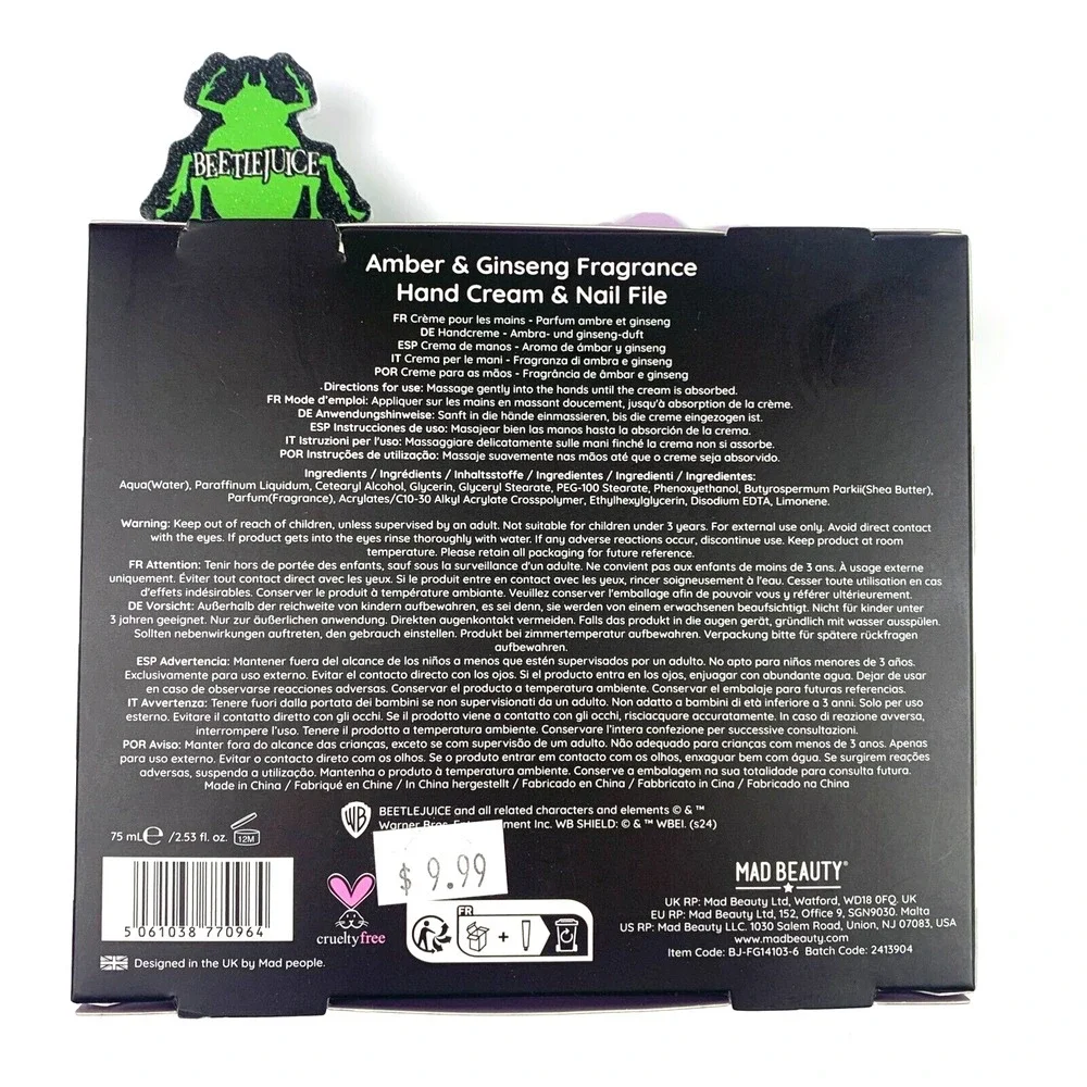Beetlejuice Mad Beauty Hand Care Set Amber Ginseng Lotion Nail File Lip Balm Duo